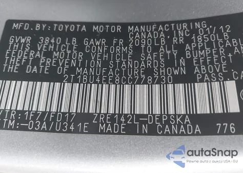 2012 Toyota Corolla S from USA, damaged, VIN 2T1BU4EE8CC778730